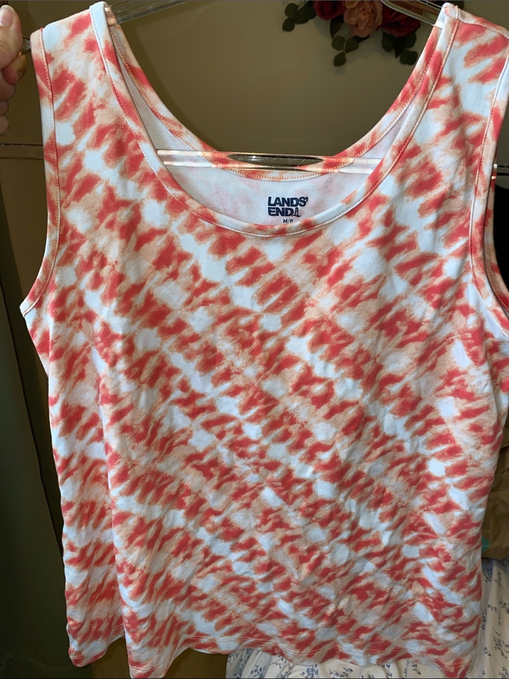 Lands End Coral and White Cotton Tank Top
